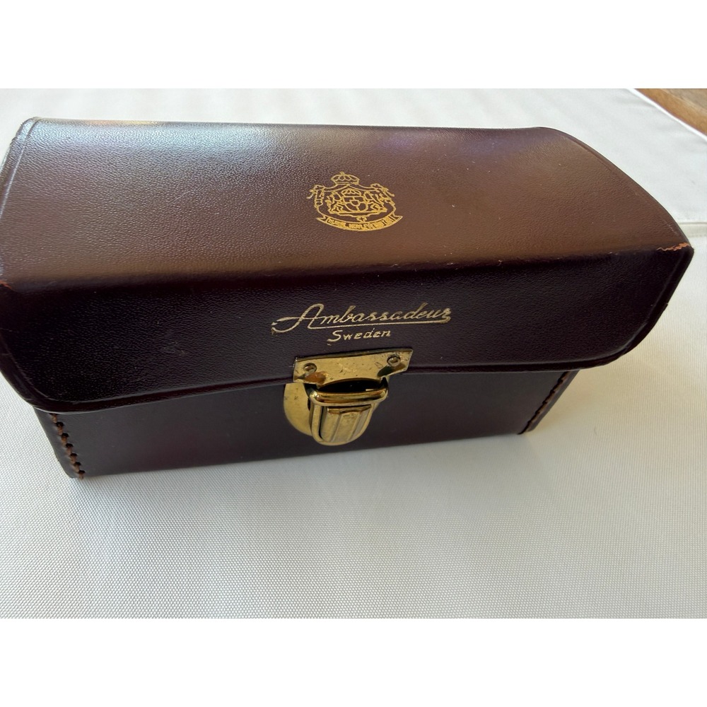 Vintage Ambassadeur Sweden Brown Leather Fishing Reel Case Brass Latch Crest